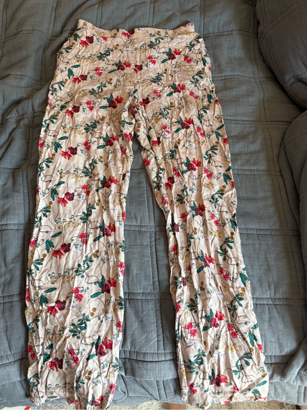 Hanro Cream Straight Leg Pants with Red Floral & Green Leaf Print